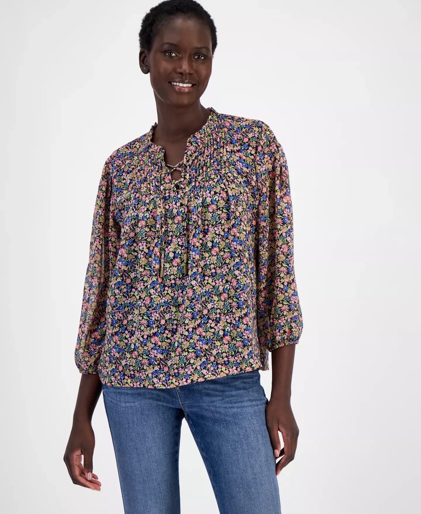 Nautica Jeans Women's Top Sz S Floral-Print Lace-Up Pleated