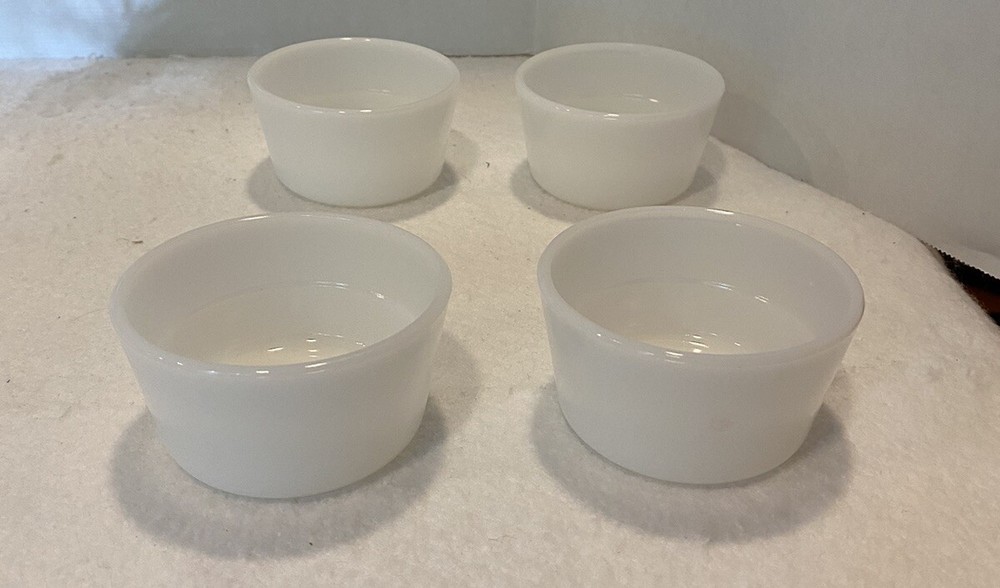 Vintage 1950s Glasbake Milk Glass Custard Cup Set of 4 Bowls EUC