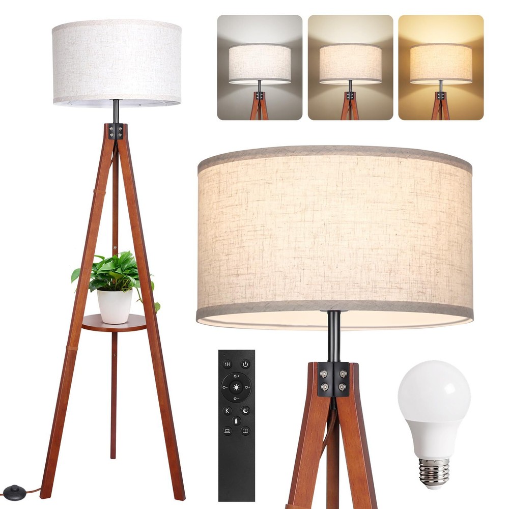 Dimmable Wood Tripod Floor Lamp with Shelves, Remote Control, Mid Century Mod...
