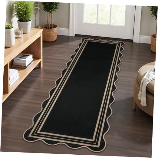 Scalloped Jute Hallway Runner Rug 2x6 Non Slip Washable Kitchen Mat