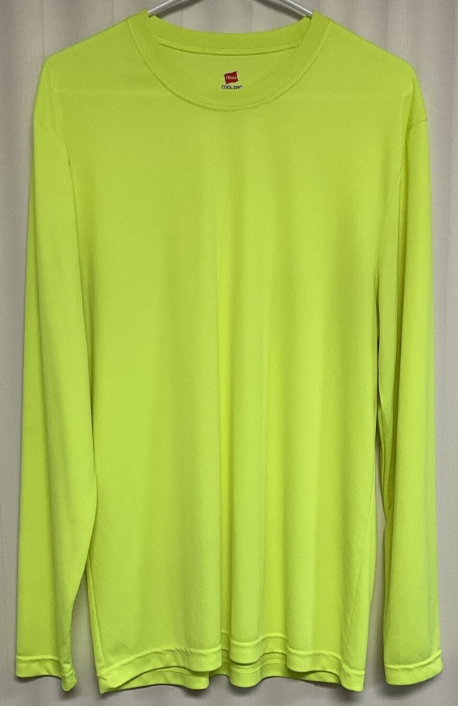 Hanes Cool Dri Long Sleeve Mens T-Shirt Large Neon Yellow 7942