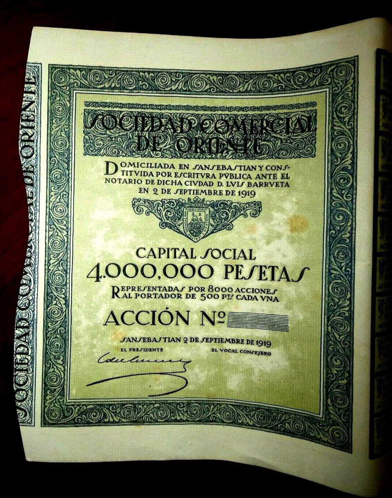 Sociedad Comercial de Oriente SA,Share certificate 1919, Shipping Company  Spain