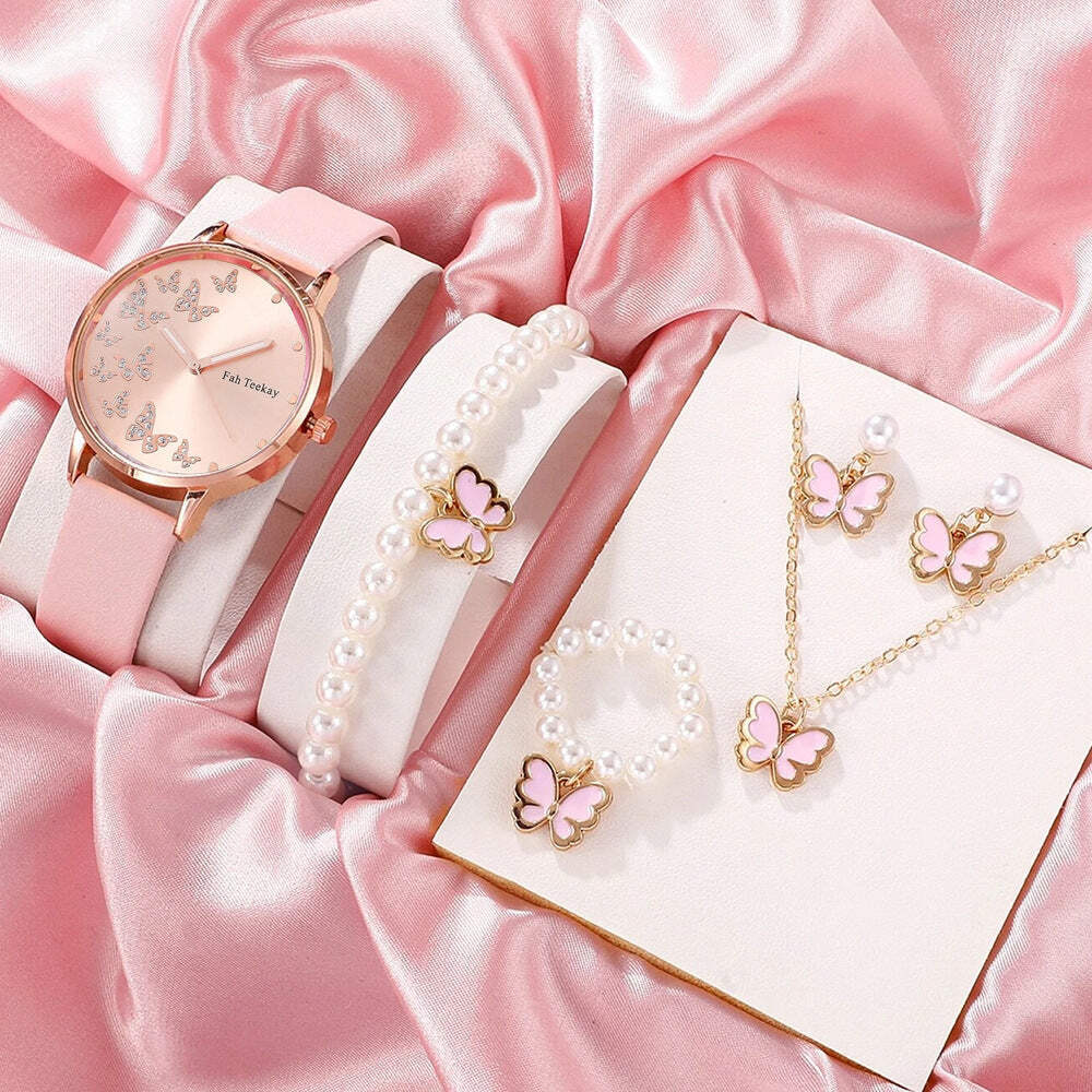 Chic Women's Pink Fashion Watch Bracelet Set with Accessories