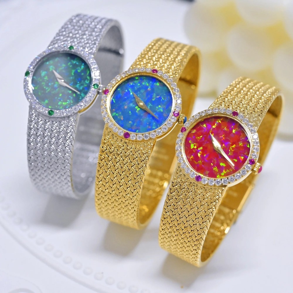 Gold Natural Opal Dial Womens Quartz Watch Diamond Vintage Retro Luxury Quality