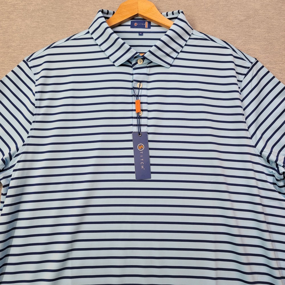 Stitch Polo Shirt Mens XL Blue Striped Performance Stretch Golf Logo NWT