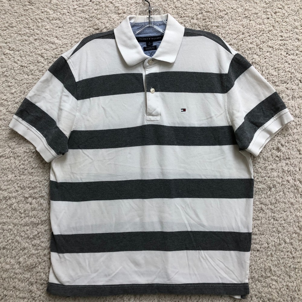 Tommy Hilfiger Polo Shirt Medium Adult White Striped Classic Short Sleeve Mens M