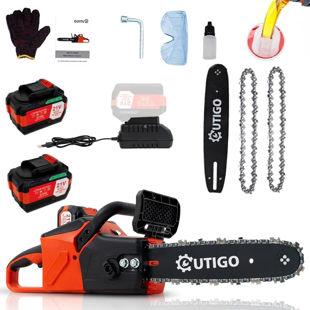 12-Inch 1000W Brushless Cordless Chainsaw with Dual 21V Batteries