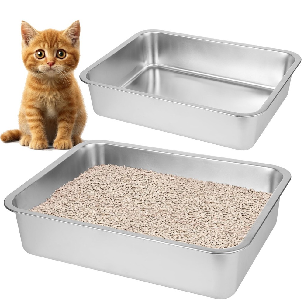 2 Pack Stainless Steel Cat Litter Box(17.5