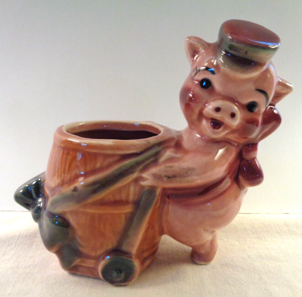 TERRIFIC VINTAGE CERAMIC PLANTER-HAPPY PIG PUSHING A BARREL POT