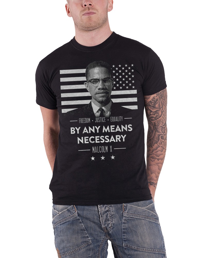 Malcolm X T-Shirt Freedom Flag Official Men's Black Design Any Means Necessary