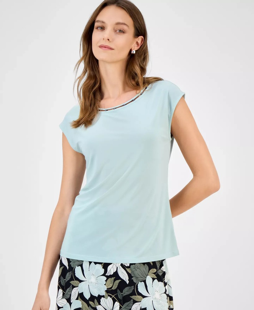 Kasper Women's Top Petite PM Beaded-Trim Extended-Shoulder &
