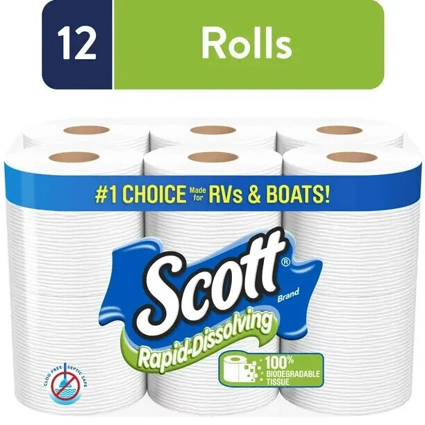 Scott Rapid-Dissolving Toilet Paper for RVs & Boats, 12 Double Rolls