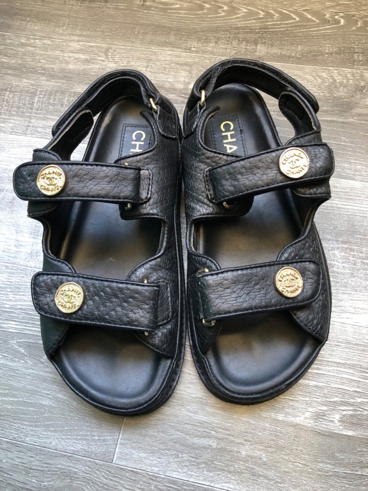 Chanel Dad Sandals in Black Leather with CC Logo