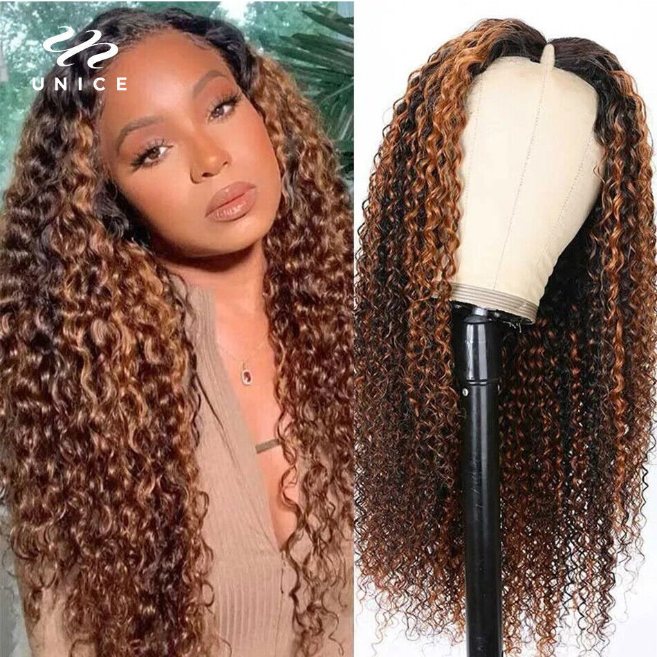 Glueless Highlight Curly V Part Human Hair Wig with Remy Hairline