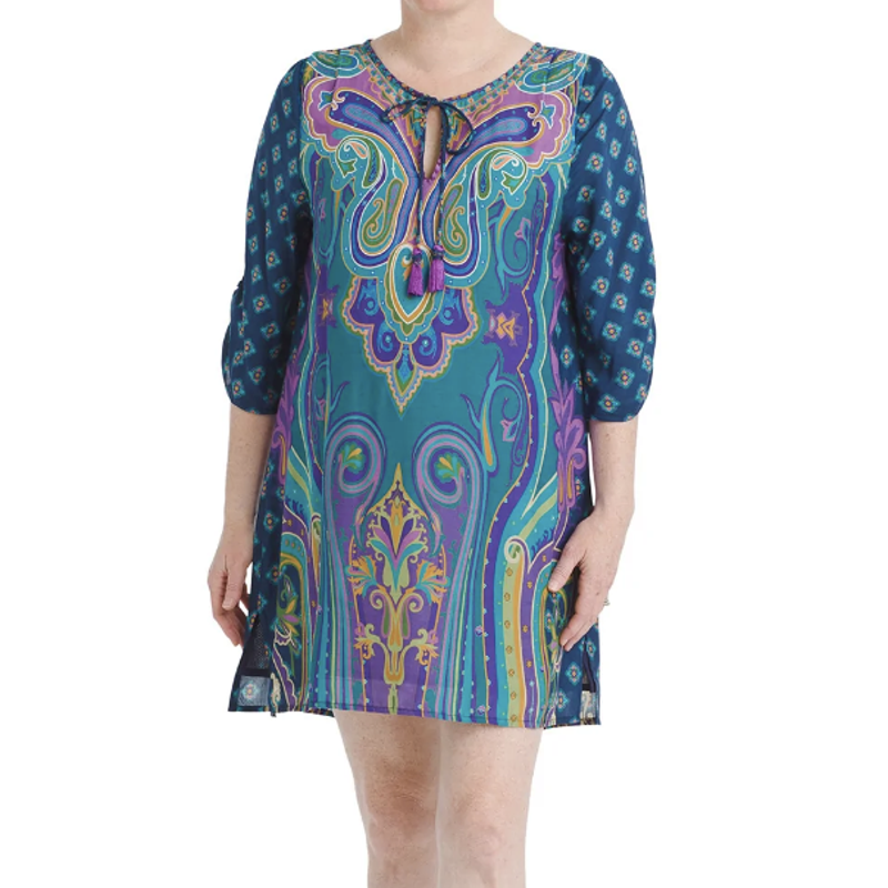 Tolani blue electric paisley shift dress with tassel half-sleeve in size 1X