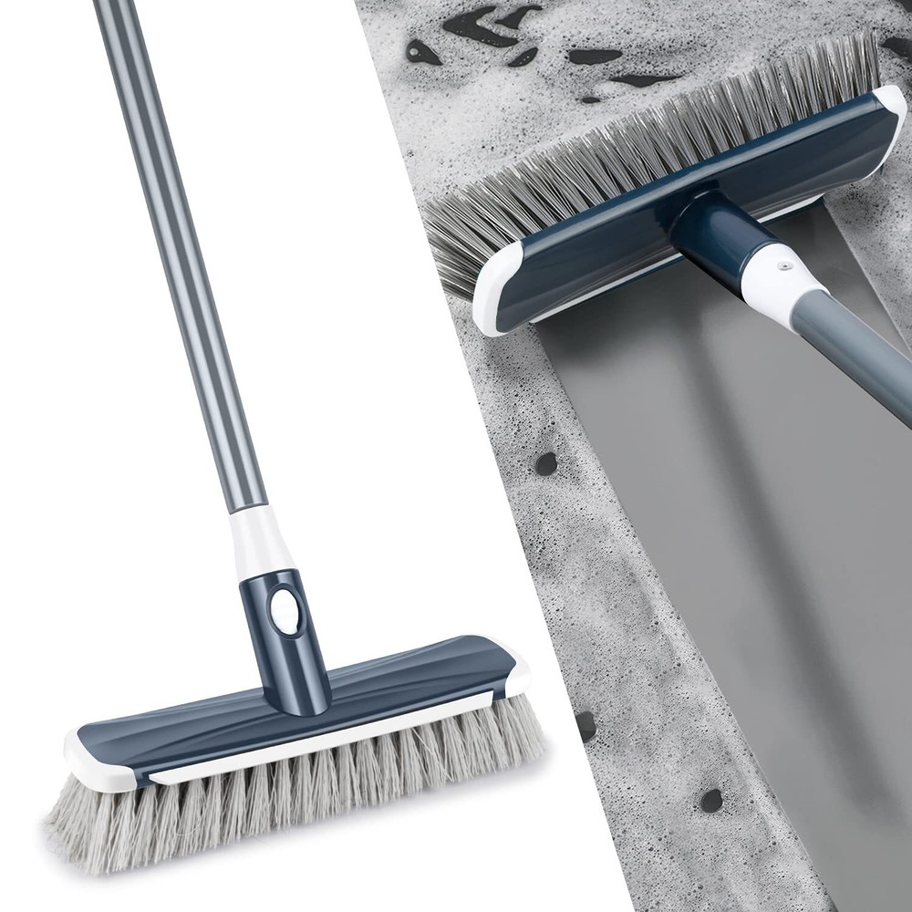 Floor Scrub Brush with Long Handle -  Stiff Carpet Deck Brush 2 in 1 Floor Gray