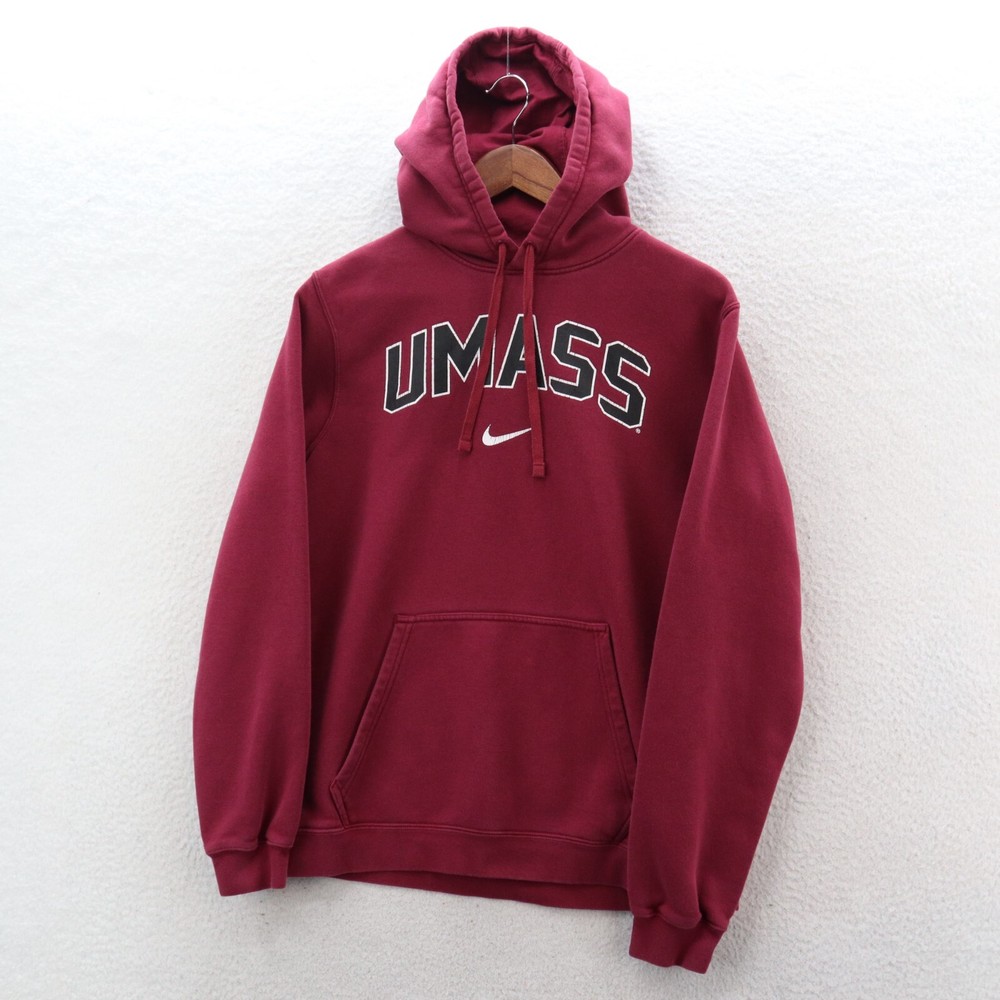 Nike UMass Medium Red Center Swoosh Hoodie for Men - University Sports Sweatshirt with Bold Logo Design