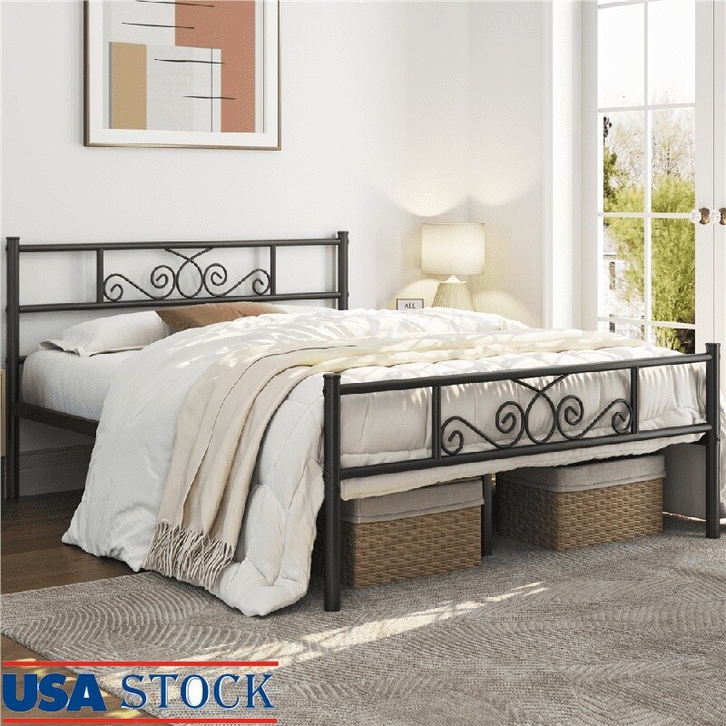 Modern Metal Platform Bed Frame W/ Scroll Design Under Bed Storage Full Size New