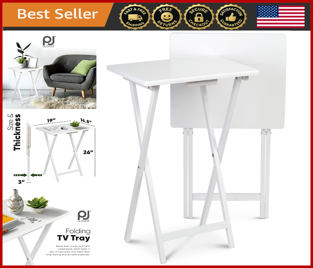 2 Pc Set Solid Wood TV Snack Tray Tables, Foldable, Indoor Use, White Finish