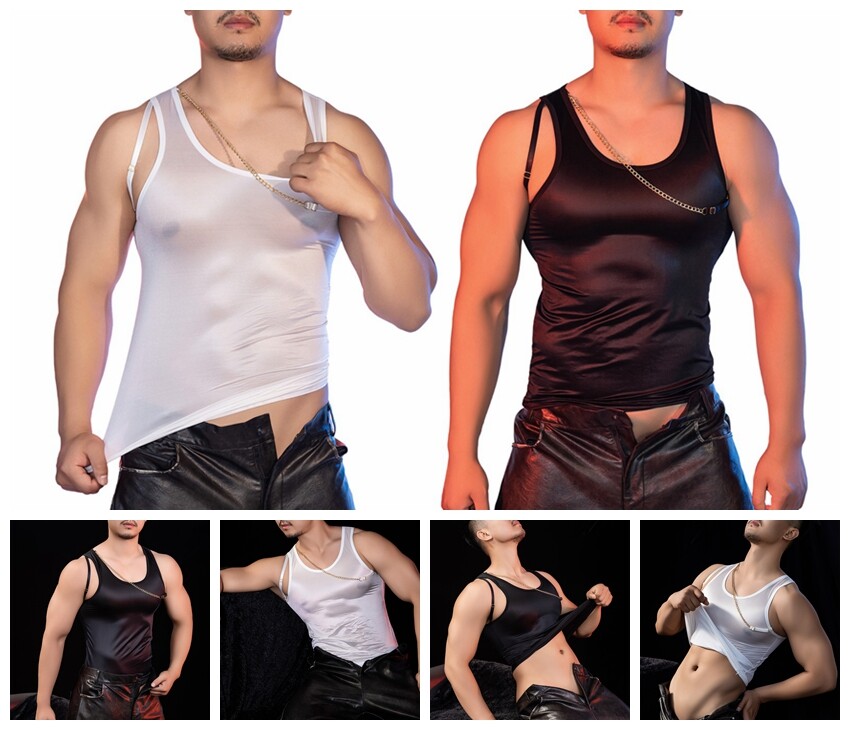 Men Vest Solid Color Top Role Play T-Shirt Gym Costume Fishnet U Neck Summer