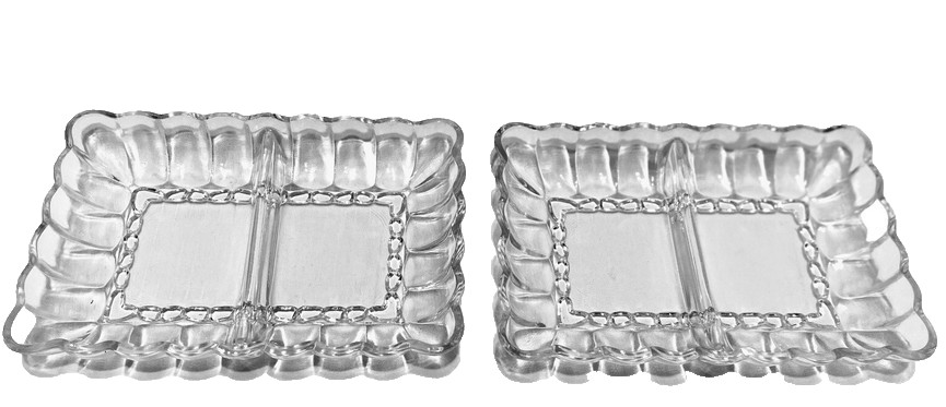 2 - Vintage Clear Pressed Glass Dishes Divided Rectangle Scalloped Nuts Candy