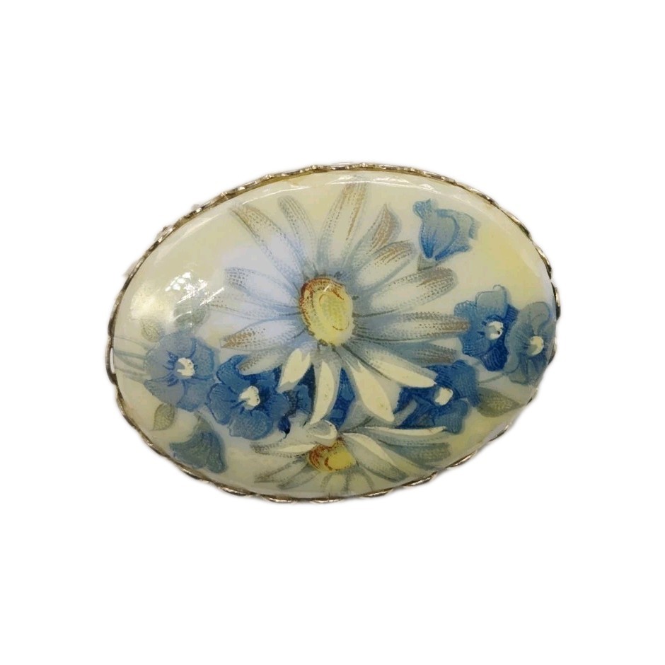 Vintage Hand Painted Porcelain Daisy Brooch Pin Edwardian Victorian Style