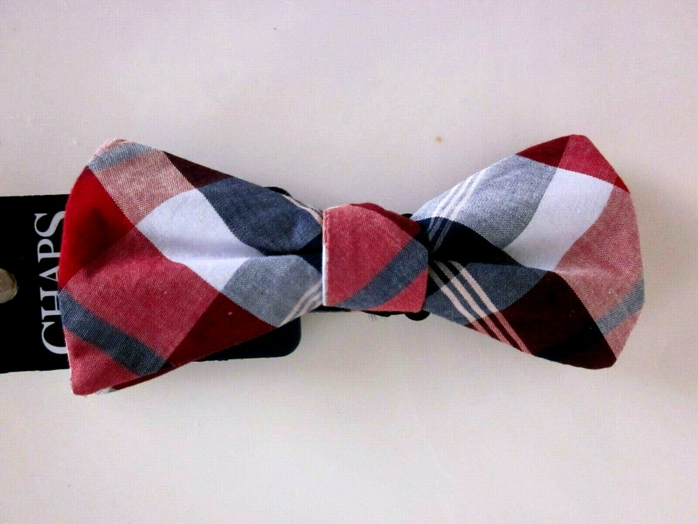 New $38.00 - CHAPS Plaid Cotton Bow Tie - Adjustable Neck Band - One Size - R/N