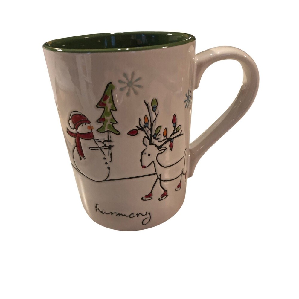 Christmas Harmony 16 oz Coffee Mug. Serene scene snowman and reindeer