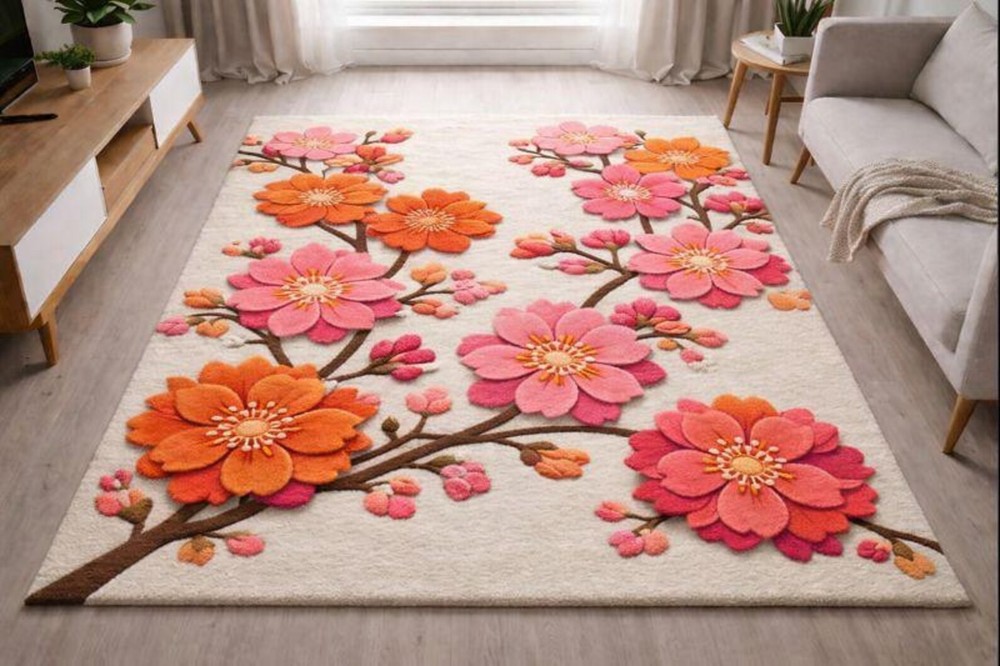 Hand Tufted Floral Wool Rug, Pink Orange Flower Area Rug, 3D Textured Carpet