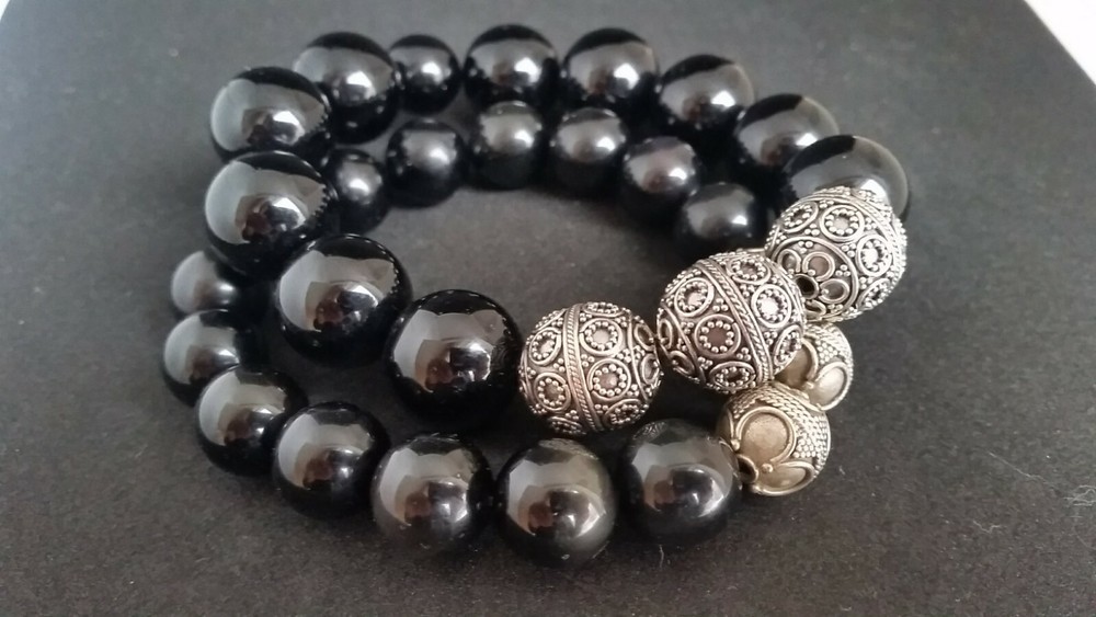 925 Silver Jewelry Made in Bali Set of 2 Handmade Bracelet Bangle Obsidian Rare