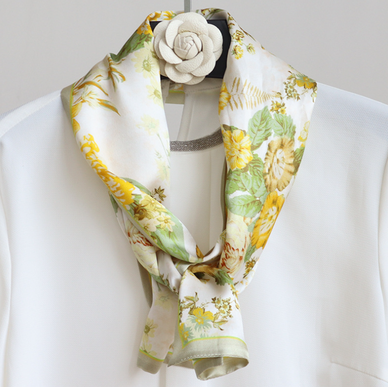 100% Silk Mulberry Flower Print Neckerchief Shawl Scarf Wrap 150x16cm