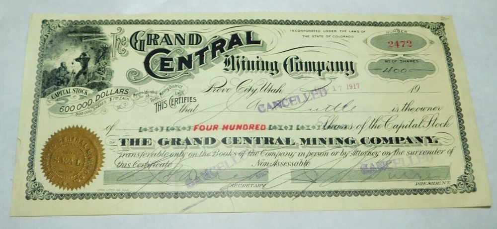 1917 Grand Central Mining Company Vintage Stock Certificate  