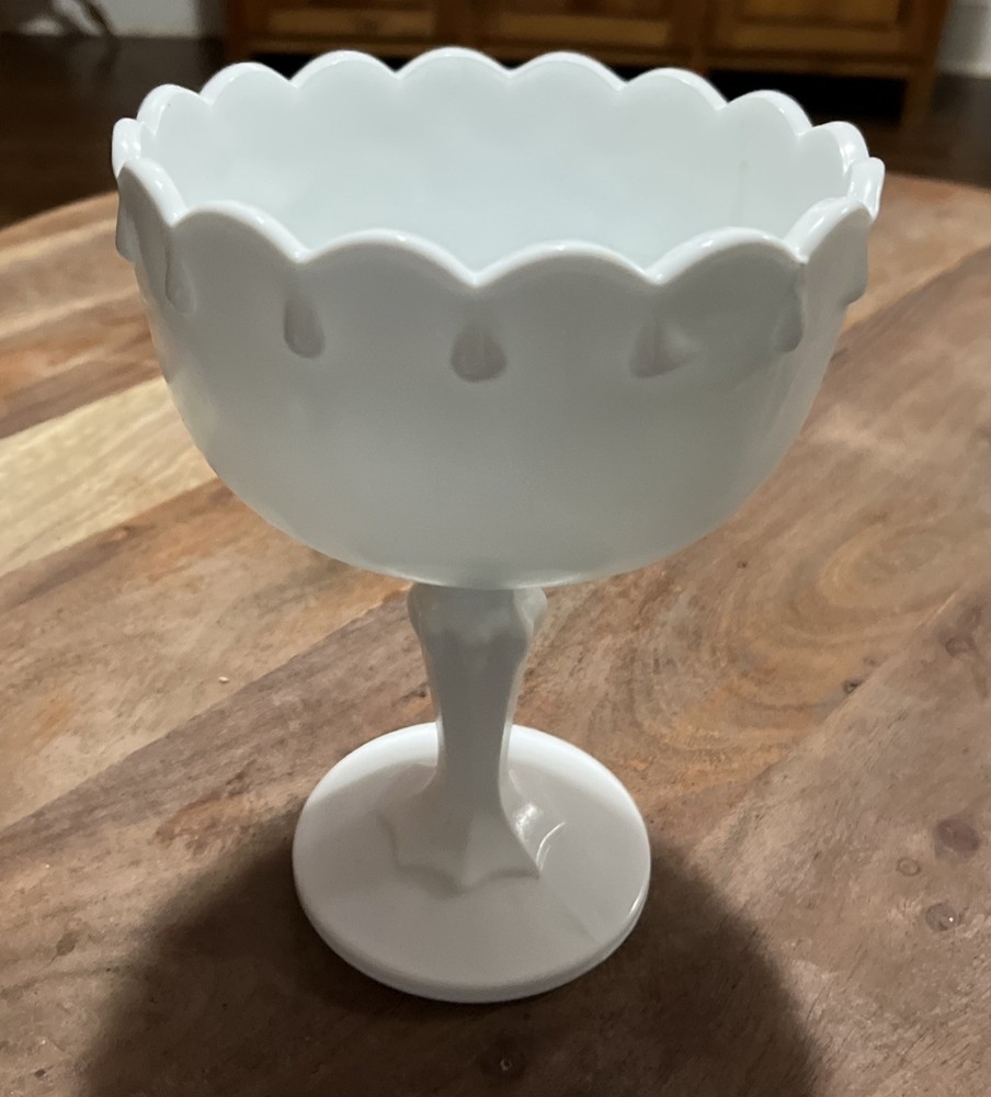 Vintage White Glass Pedestal Bowl with Separated Interior 7.5 Inches Tall