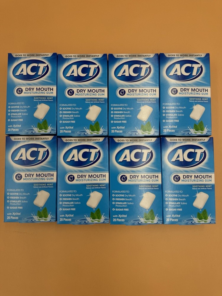 ACT Dry Mouth GUM w/ XYLITOL Sugar-Free, Mint, 20 Pieces 8 Pack