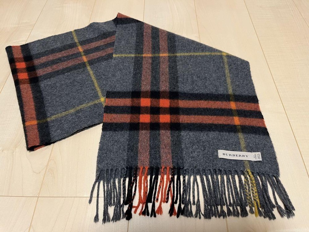 BURBERRY Men's Mega Check 100% Cashmere Scarf Gray Orange Japan Good Condition