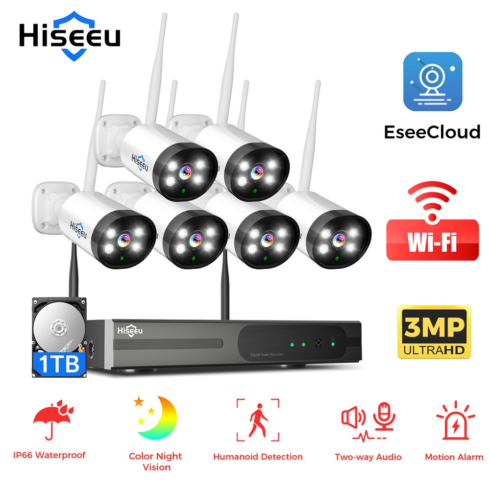 Hiseeu 16CH NVR IP WIFI Security System with 6pcs 3MP Outdoor Cameras and 1TB HDD