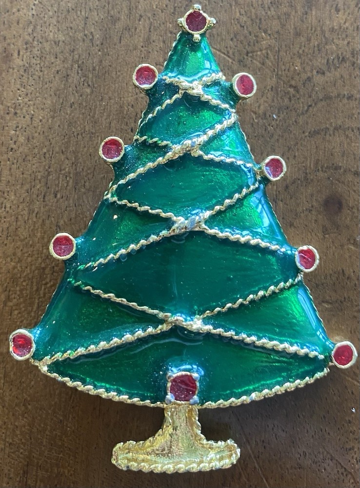 Vintage 2 1/2” Gold Tone Vibrant Green Christmas Tree Brooch Pin Red Enamel Trim