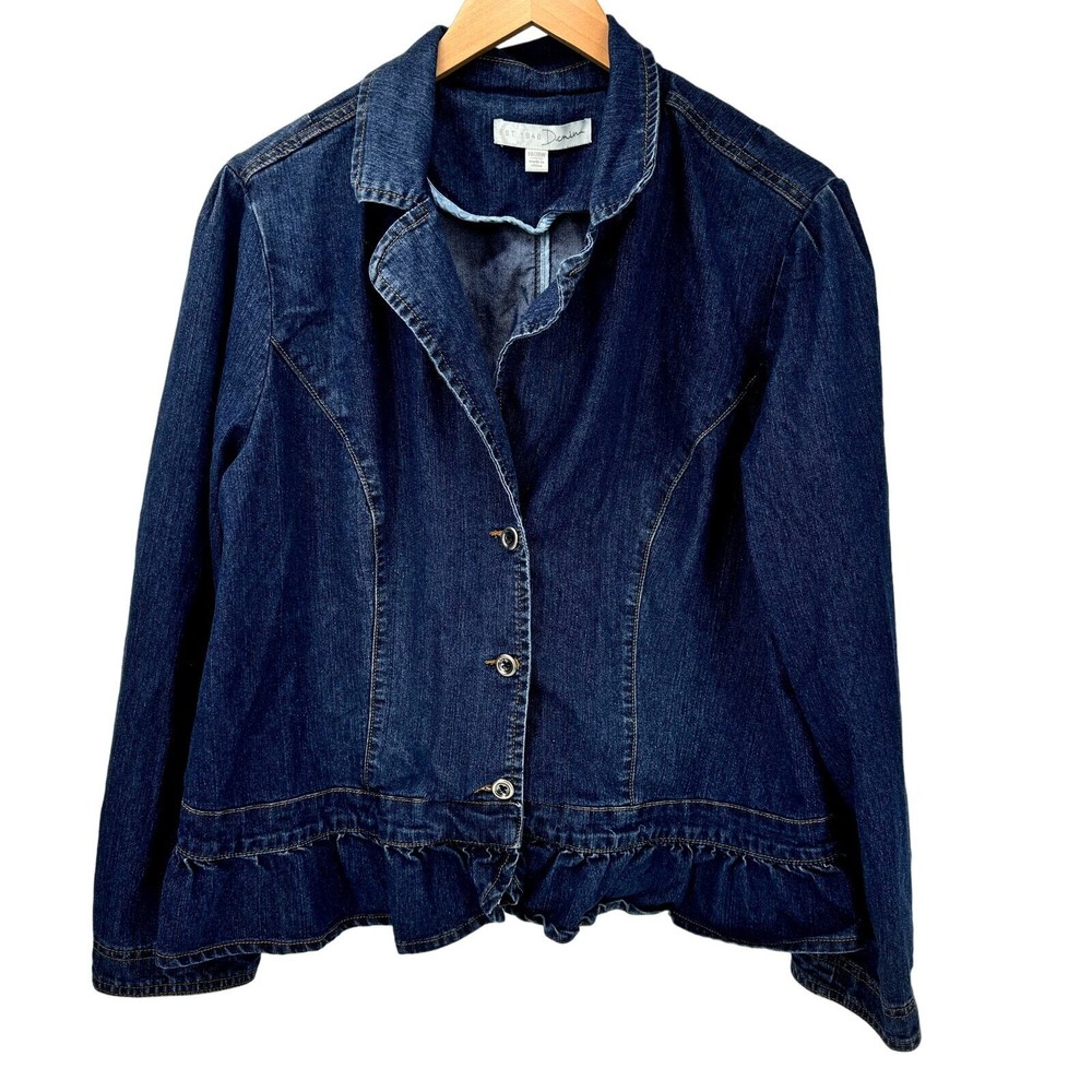 Cato Jean Jacket Womens 18W Blue Stretch Denim Button Up Ruffle Hem Est. 1946
