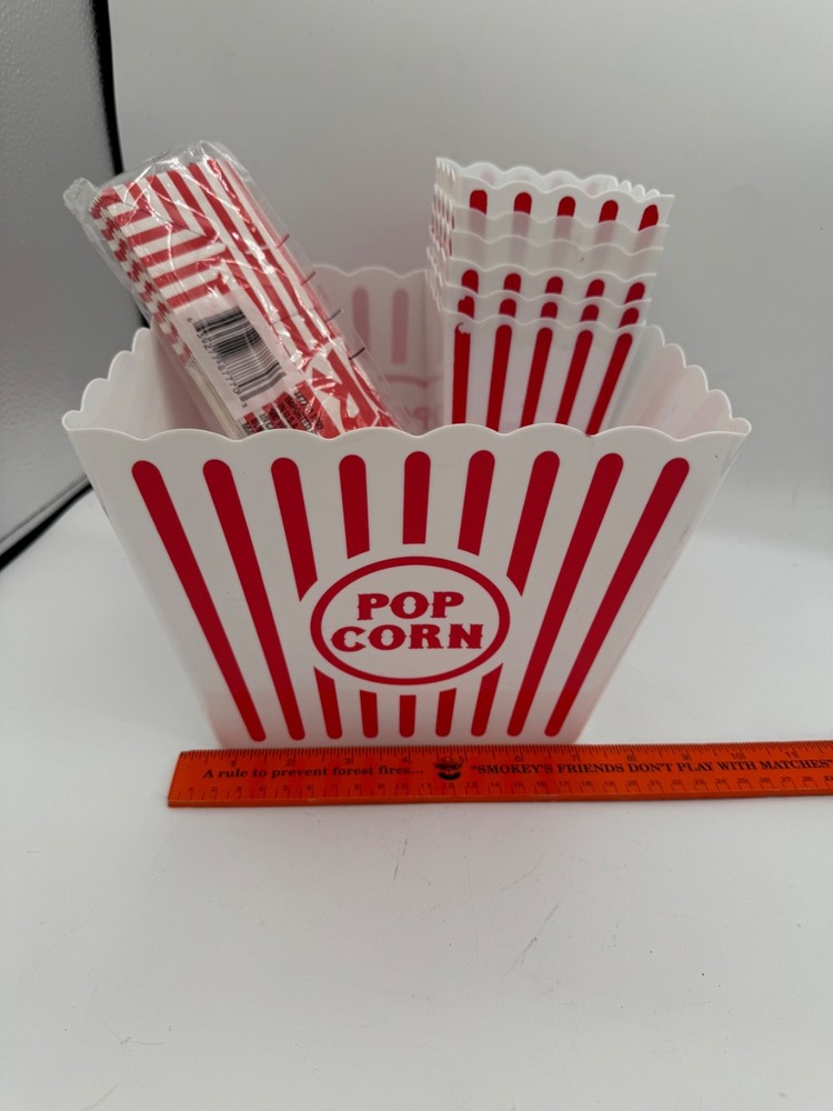 Popcorn Container 7pc Set - Large Retro Movie Theater Bucket +6 Tubs - Reusable