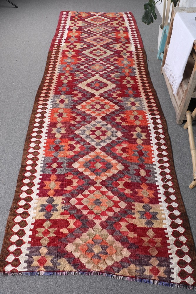 Vintage Wool Kilim Rug Turkish Handmade 11.3x3.4 ft Runner