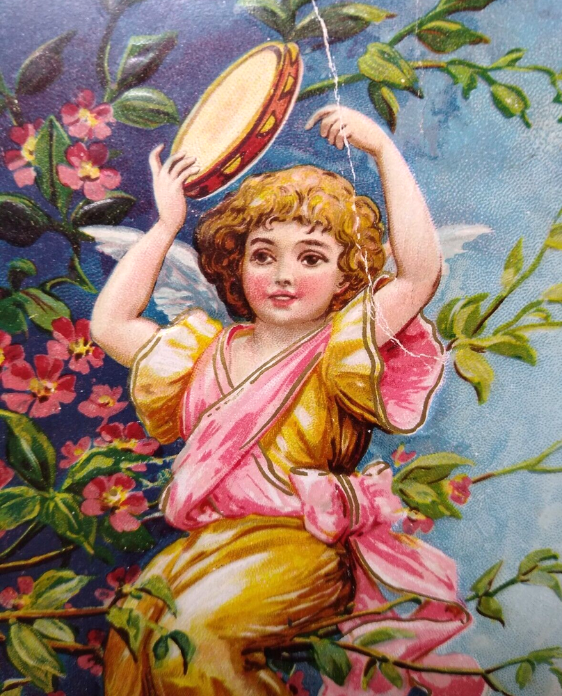 New Years Postcard Angel Girl In Tree With Tambourine Germany SL & Co Langsdorf-image