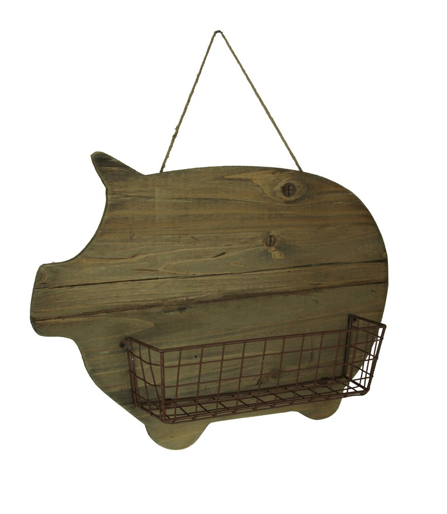 Scratch & Dent Rustic Wood Farmhouse Pig and Metal Wire Wall Basket