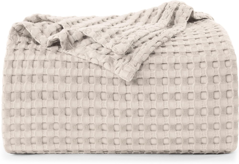 Soft Khaki Cotton Waffle Blanket 300 GSM Queen Size 90x90 Lightweight Bedding