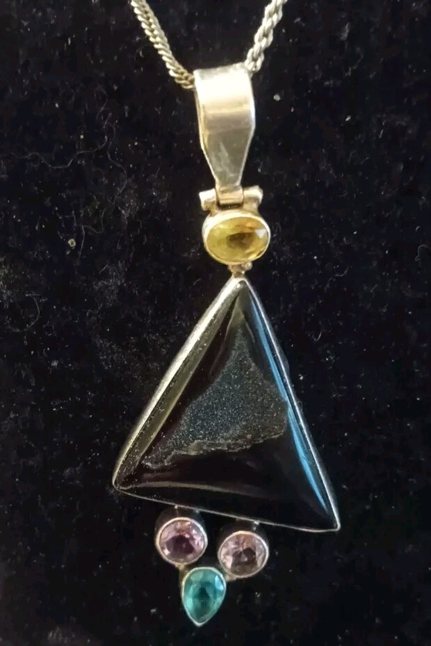 Sterling Silver Citrine, Aquamaine ,Black Onyx, 2 Pink Quartz Design Necklace