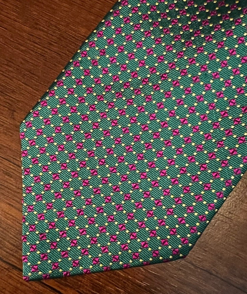 Lauren Ralph Lauren Men's Neck Tie Green Pink Geometric Pattern Silk Hand Made