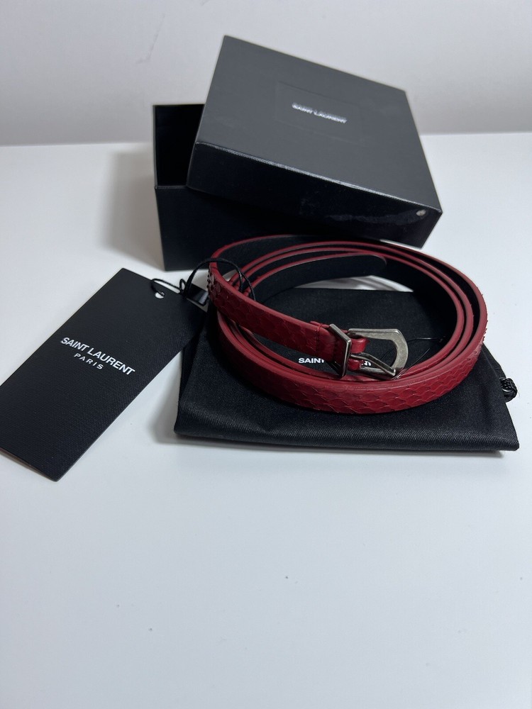 NWT! $445 YSL Saint Laurent Pitone Python Lacquer RED Cherry Skinny Belt 100 Cm