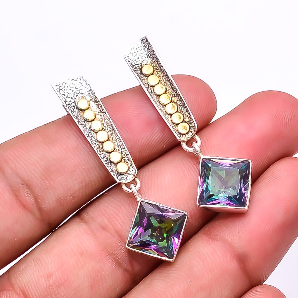 Rainbow Mystic Fire Topaz 925 Silver Two Tone Earring 1.95