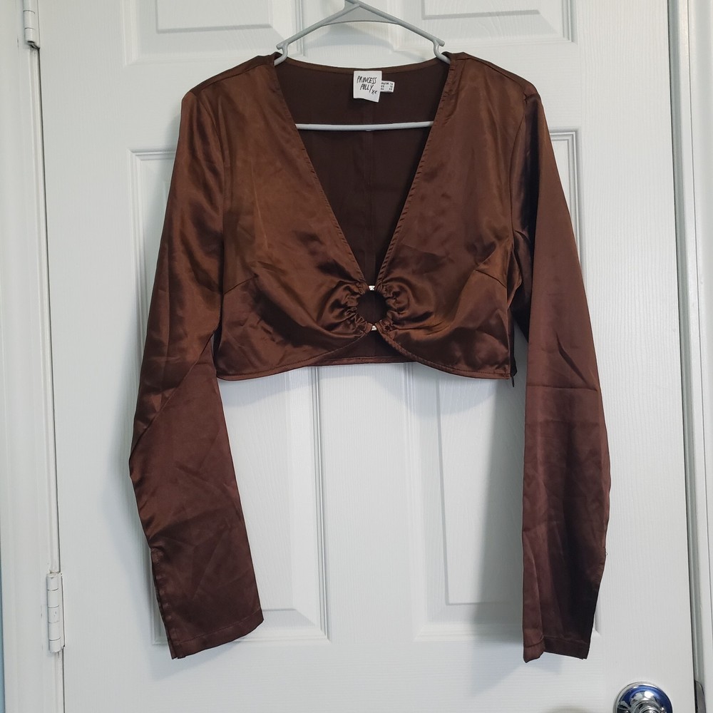 Princess Polly Brown Satin Cropped Top Size L Rhinestone L/S Boho Whimsigoth
