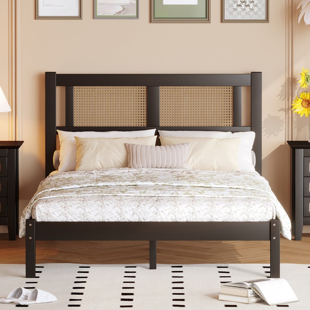 Black Wooden Platform Bed with Rattan Headboard