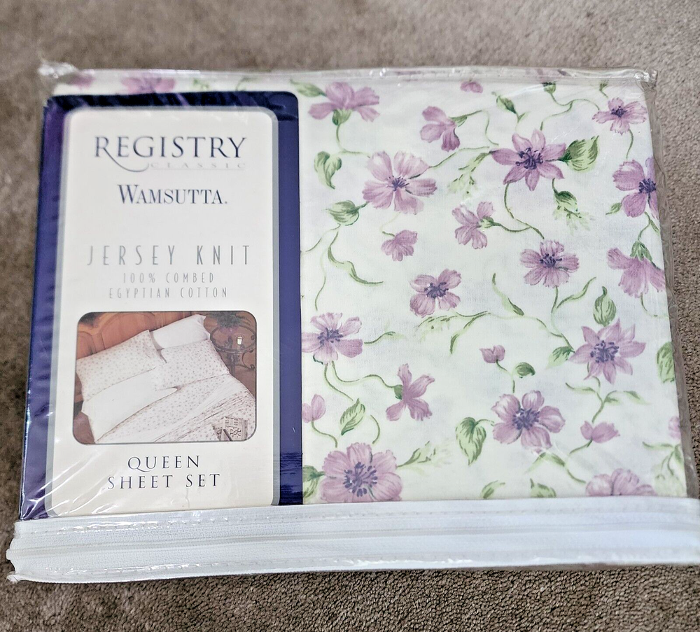 Wamsutta Queen Sheet Set 100% Combed Egyptian Cotton Jersey Knit Violet Floral